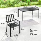 Black metal dining table with parasol hole and slatted chair dimensions diagram