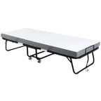 Portable folding guest bed with white mattress, gray cover, black metal frame and caster wheels