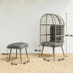 Rattan egg chair with light grey cushions and matching ottoman footstool