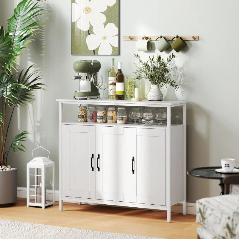 White kitchen sideboard with open shelf and cabinet doors, black handles