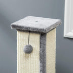 Close-up of grey vertical cat scratcher top and hanging ball on sisal-wrapped post