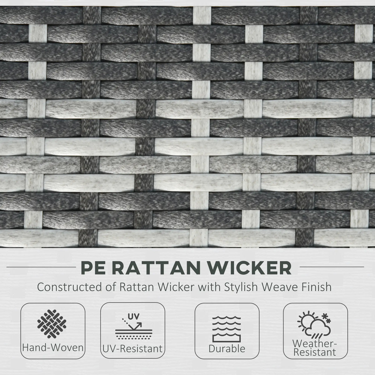 Close-up of the grey and charcoal woven PE rattan wicker finish