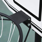 Black mounting arm and net support bracket on basketball hoop stand, close-up