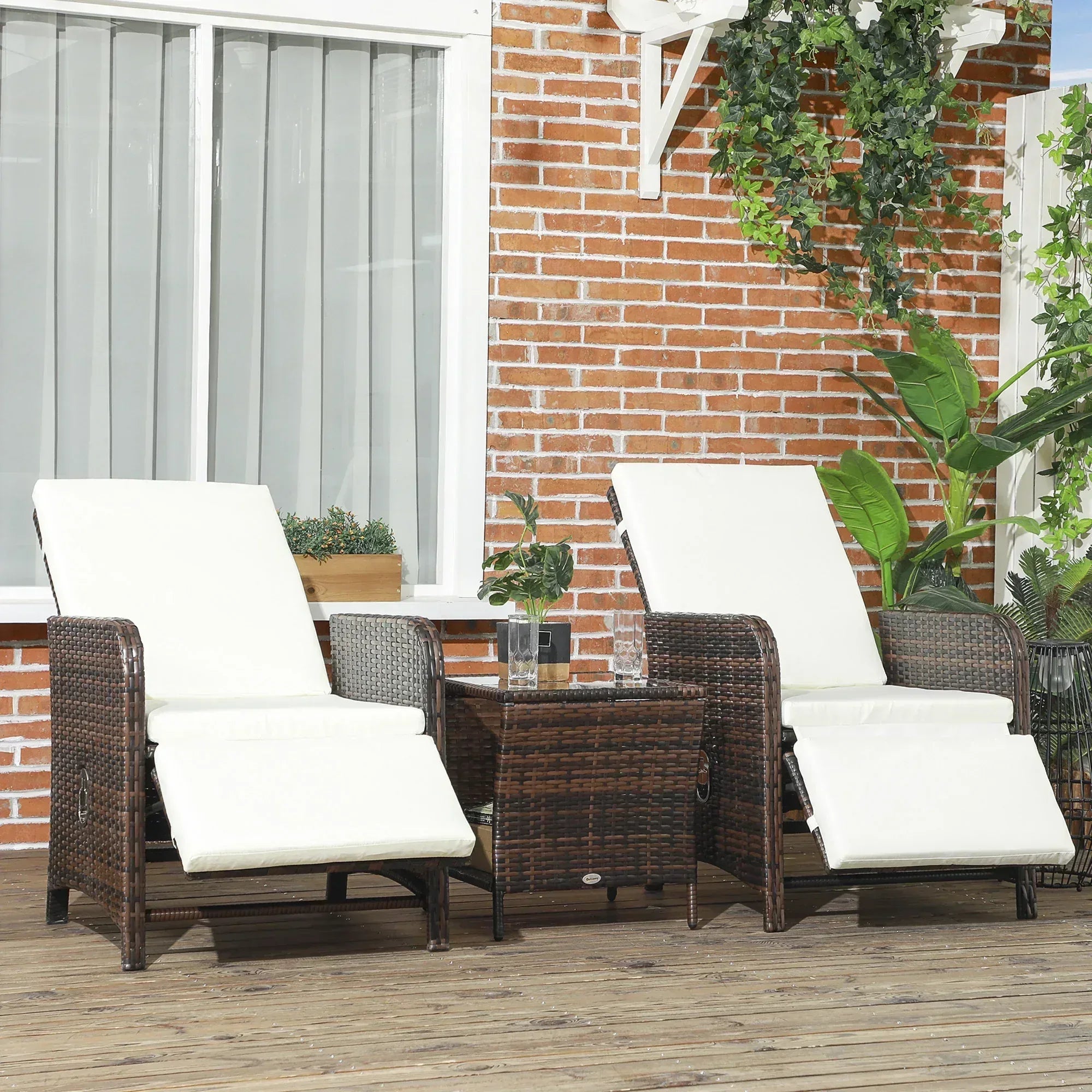 3 Pieces Rattan Bistro Set Balcony Furniture with Cushions, Storage Function - Cream White - Bobobiy