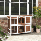 Two-tier wooden pet hutch with open side doors and wire-mesh viewing panels
