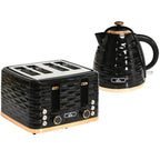 Black kettle and 4-slice toaster set with knurled sides, kettle lid and handle visible