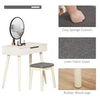 White vanity table with round mirror and gray linen-covered cushioned stool