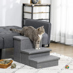Light grey 3-step pet stairs with storage steps, cat resting on the top step