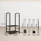 Black firewood log rack with arched posts, base shelf, and four fireplace tool outlines.