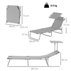 Light grey foldable sun lounger chair with dimensions and weight shown