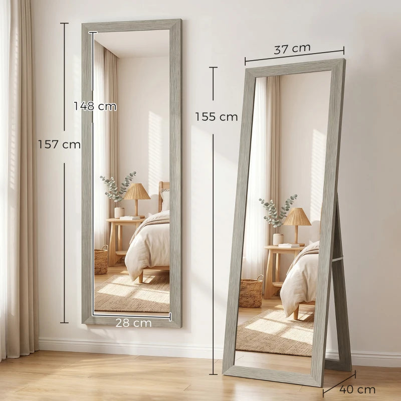 Grey full-length mirror on A-frame stand, rectangular glass panel
