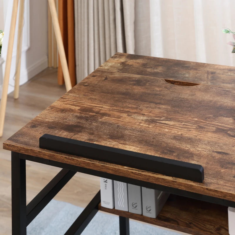 Adjustable drafting table close-up: rustic brown desktop with built-in front ledge