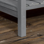Dark grey wooden plant stand leg corner with metal screws and slatted lower shelf