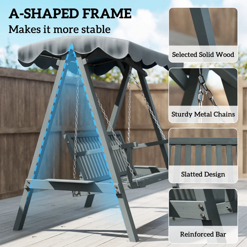 Grey A-frame wooden swing support with chain links and slatted seat under canopy