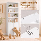 White anti-tip bookcase with open shelves and ribbed double-door cabinet