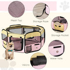 Pink and beige foldable fabric pet playpen with mesh top, storage pocket, and water hole
