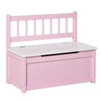 Pink wooden toy box bench with open lid and storage compartment