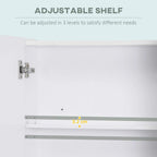 Adjustable shelf inside white mirror cabinet with hinge bracket and shelf position holes.