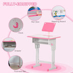 Kids desk set with pen slot, reading board, hook, drawer, and footrest bar.