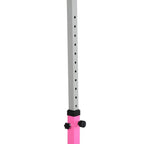 Close-up of height adjustment holes and pink post with black locking knob