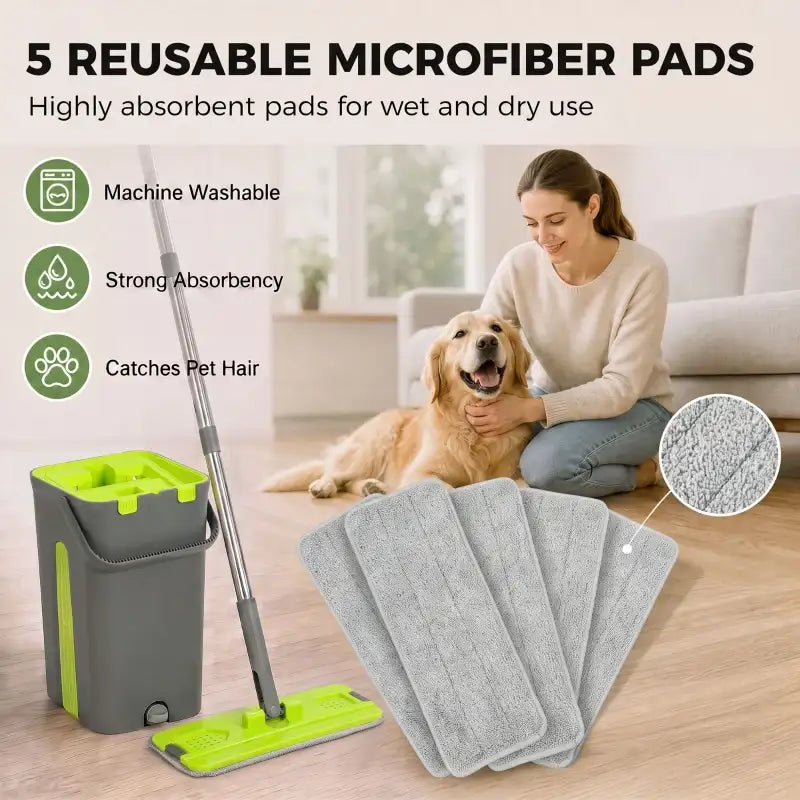 Mop and bucket set with five reusable microfibre pads, grey pads and green wringer