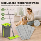 Mop and bucket set with five reusable microfibre pads, grey pads and green wringer