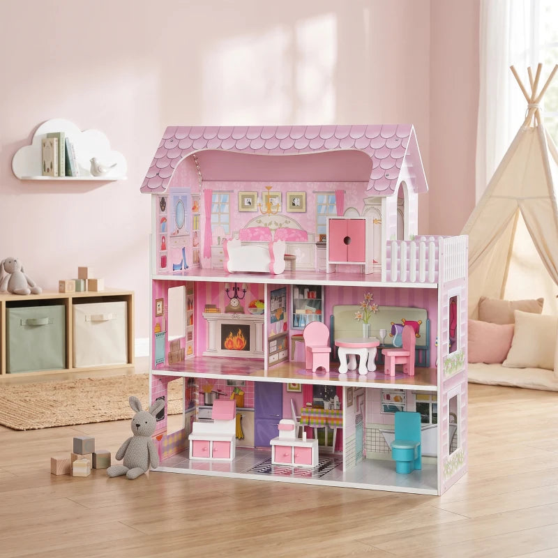 Pink 3-level dollhouse with balcony railing, three tiers, and miniature furniture throughout.