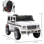 White kids electric ride-on car toy with front grille, headlights, and seat width dimensions