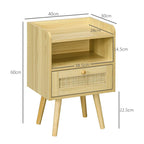 Light wood bedside table with open shelf, rattan drawer front, and tapered legs