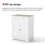 White side storage cupboard with light wood top, drawer, and two front doors