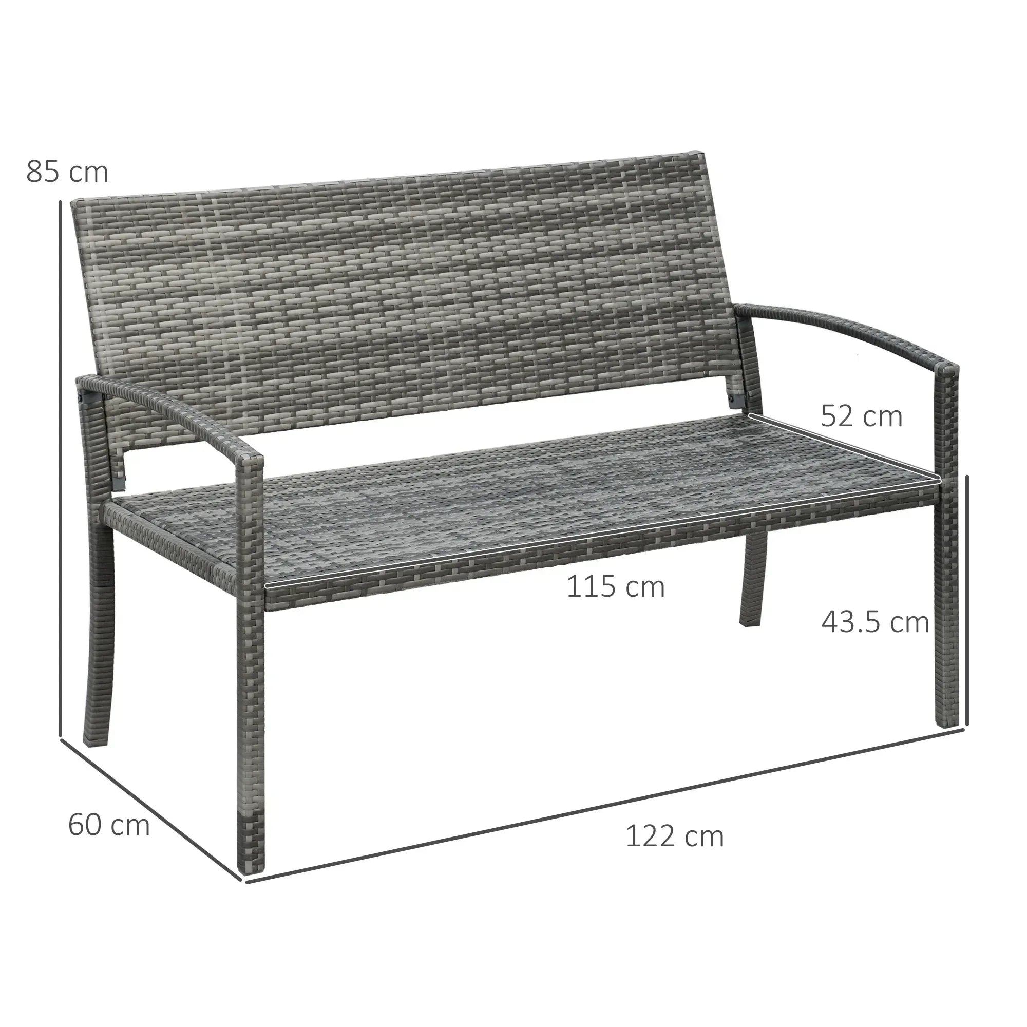 2 Seater Poly Rattan Garden Bench, All Weather Wicker Garden Loveseat, Outdoor Seating Bench with 240 Load Capacity, Backrest and Armrests for Patio, Terrace, Balcony, Grey - Bobobiy