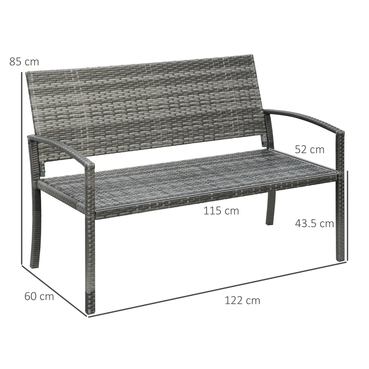 Grey rattan garden bench with dimensions marked: 122 cm wide, 60 cm deep and 85 cm high