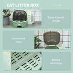 Green enclosed cat litter box with door opening, ramp steps, and dome cover