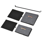 Grey fabric drawer panels with orange handles and black steel hanging rod bar