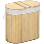Natural bamboo laundry hamper with round lid and light gray removable liner