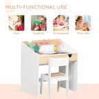 White kids desk with light wood top and built-in shelf plus matching chair