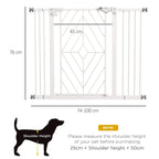 White pressure-mounted dog stair gate with geometric mesh panel and wall brackets