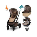 Stroller and car seat bundle set in brown with beige seat panels and accessories.