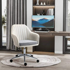 Beige desk chair with vertical stitch back, gray seat cushion, and chrome swivel base