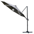 Grey cantilever patio parasol with LED lights glowing on canopy underside