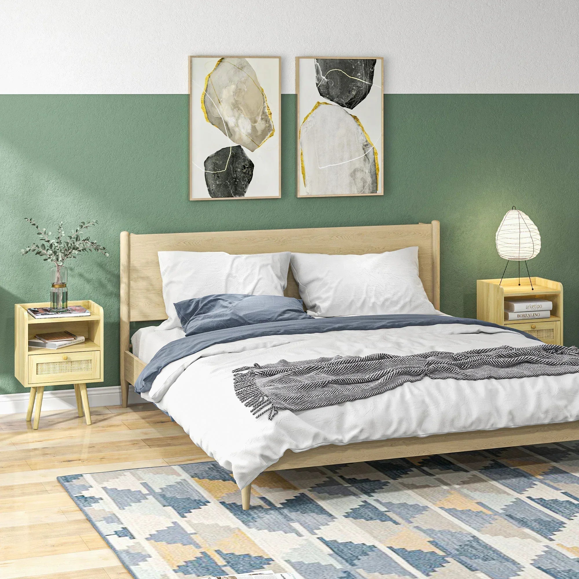 Set of Two Rattan Weave Bedside Tables - Wood Effect - Bobobiy