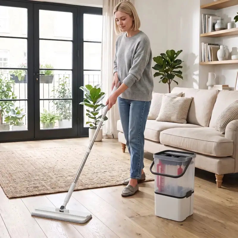 Woman using compact flat mop with gray pad and white bucket during floor cleaning