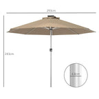 Khaki solar LED patio parasol with open canopy and central support pole