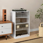 White 4-tier hi-fi cabinet with clear glass doors open, tiered storage shelves