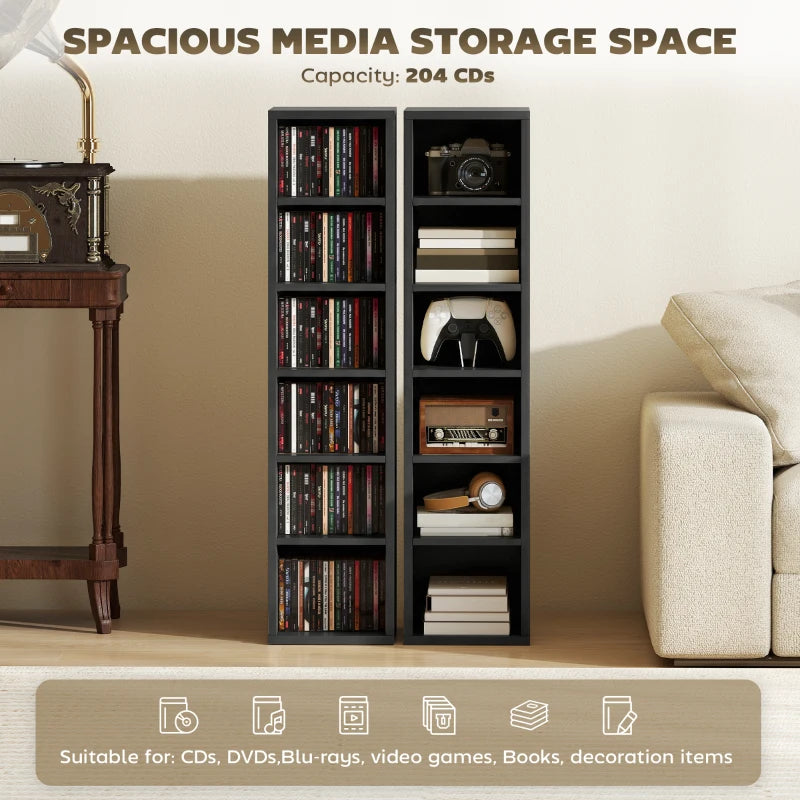 Black media storage shelf tower with two side-by-side columns for CDs and media