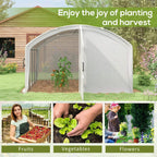 White walk-in greenhouse with open front door and arched metal frame