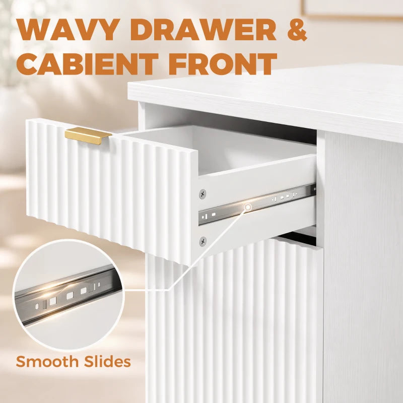 White desk drawer and cabinet front with ribbed panels, gold handle, smooth slides