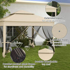 Cream white gazebo canopy with mesh sides and close-up view of double roof features