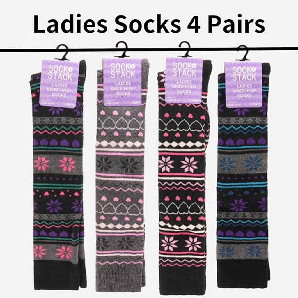 4-pairs-ladies-ski-boot-socks-knee-length-cotton-rich-with-full-cushioning-and-thermal-insulation-for-warmth-and-comfort-fair-isle-pattern-fits-sizes-4-7-by-sock-stack-4-7-fair-isle-s - Bobobiy