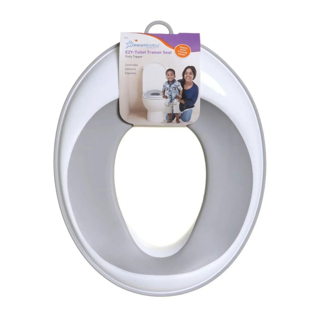 Toilet trainer seat with oval opening and carry handle, shown in box